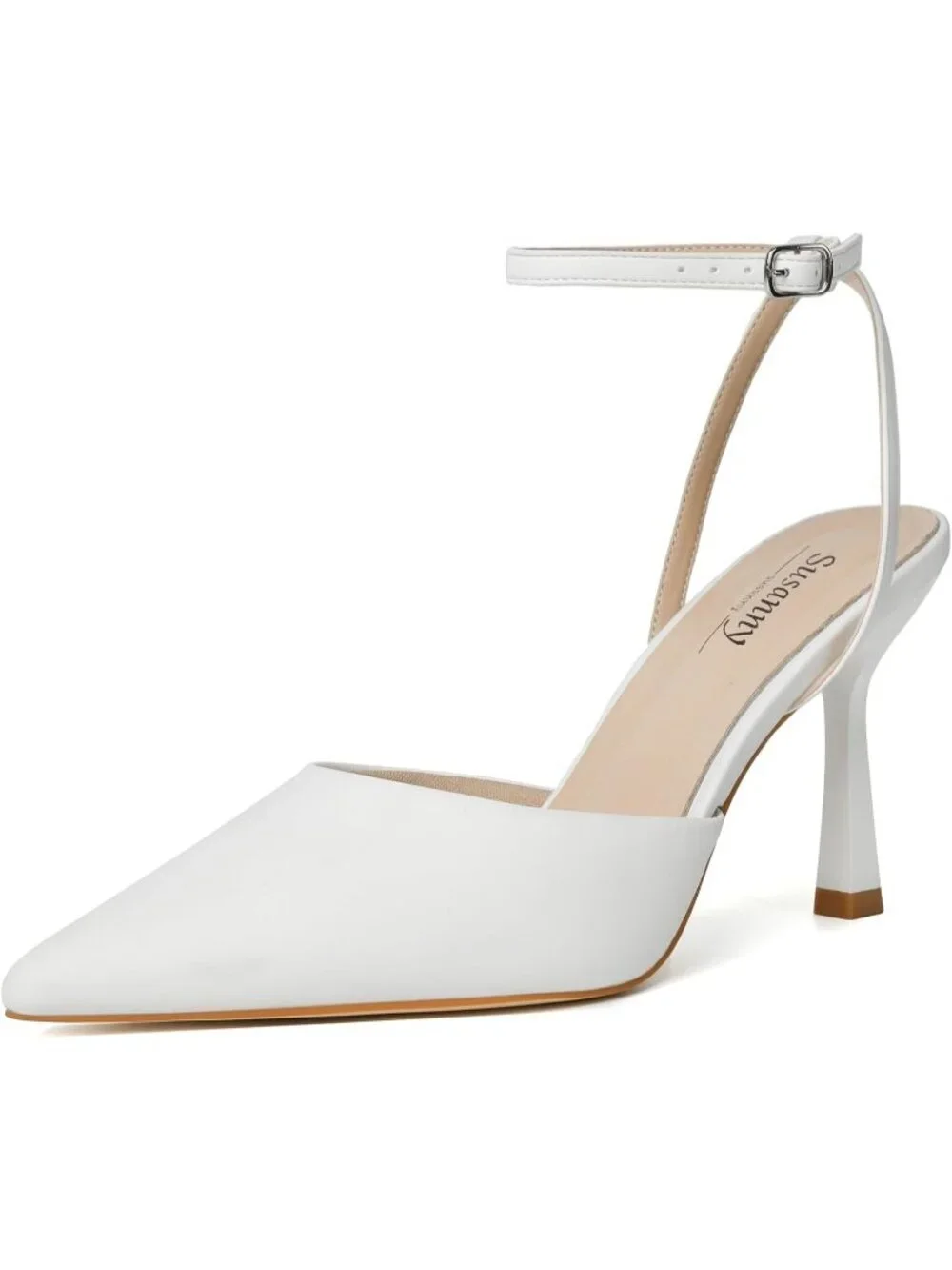 Women's Beige Textured Elegant Closed Pointed Toe Strappy Stiletto Pumps Shoes